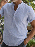 Wiaofellas  -  Fashionable Striped Stand Collar T Shirt Mens Vintage Button-up Short Sleeve Shirts Summer Casual Breathable Men Polo Shirt