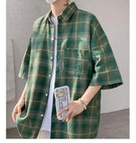 WIAOFELLAS  -  Trendy Vintage Men's Plaid Short Sleeved Casual Trousers Fashion Summer Single-breasted Turn-down Collar Shirts Male