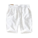 Wiaofellas  -  Summer New Men's Striped Shorts White Lace-up Elastic Waist Ramie Pants Cotton Hemp Loose Straight Pants Five Quarter Pants