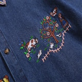 Wiaofellas  -  Cartoon Embroidery Cargo Shirts Mens Summer Retro Casual Streetwear Lapel Single Breasted Short Sleeve Denim Shirt Men Clothing