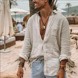 Wiaofellas  -  Men's Casual Fashion Solid Color Shirts Lapel Long Sleeve Thin Cardigan Spring Summer Beach Loose Button Shirt