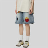 WIAOFELLAS  -  Denim Short Men Hip Hop Baggy Jeans Men Streetwear Vintage Y2K Harajuku Straight Gingerbread Man Appliques Washed Mens Shorts