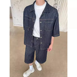 Wiaofellas  -  Simple Summer Loose Men's Denim Suits Casual Lapel Short Sleeve Top Straigth Wide Leg Male Shorts New Strend