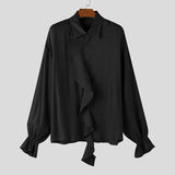 WIAOFELLAS  -  Men Shirt Solid Pleated Ruffle Lapel Long Sleeve Men Clothing Streetwear Loose Fashion Casual Tops Male Shirts S-5XL