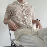 WIAOFELLAS  -  Trendy Men's Lace Hollow Out Heavy Industy Design Shirts Fashion Short Sleeves Hooded Loose Tops Male Summer