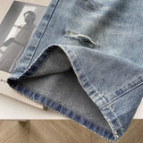 WIAOFELLAS  -  2025 New Men's Summer Solid Color Thin Shorts Male High Street Loose Denim Shorts Men Ripped Holes Straight Short Pants P895