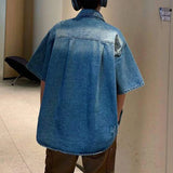 WIAOFELLAS  -  Denim Men's Shirt Solid Color Raw Edge Lapel Niche Design Short Sleeve Washing Clothing Single Breasted Male Tops
