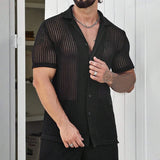 Wiaofellas  -  Male Summer Turn Down Collar Knitted Shirts Night Club Transparent Tees Fashion Men's Short Sleeve Button Tops Cardigan