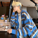 WIAOFELLAS  -  Autumn Striped Cardigan Sweater Men Korean Knitted Sweater Pullover Harajuku Hip Hop Streetwear Loose Knitwear Coat Male Clothes