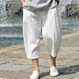 Wiaofellas  -  Men Chinese Style Summer Cotton Linen Capri Pants Loose Wide Leg Plus Size Casual Beach Cropped Trousers