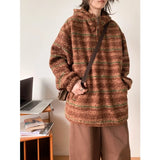 WIAOFELLAS  -  Vintage woolen striped knit hoodie autumn and winter warm hoodie wear fashion brand loose top
