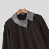 WIAOFELLAS  -  Men Shirt Plaid Patchwork Lapel Long Sleeve Casual Men Clothing Knitted Streetwear Korean Style Fashion Tops Male Shirts