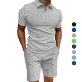 Wiaofellas  -  Men's Summer Suits Solid Color Waffle Lapel Slim-fit Short Sleevett-shirt Casual Fashion Men's Clothing