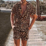 Wiaofellas  -  Leopard Print Men's Two Piece Set Short Sleeve Turn-down Collar Shirt And Shorts Loose Casual Suits Summer Fashion Outfits Male