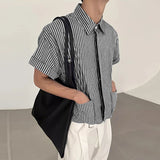 WIAOFELLAS  -  Men Striped Shirt Lapel Short Sleeve Pockets Men Clothing Streetwear Loose Button Korean Style Fashion Casual Male Tops