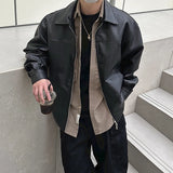 WIAOFELLAS  -  Y2K Style Mens Leather Jacket Streetwear Autumn Fashion Solid Color Lapel Zip-up PU Leather Coat Men Jackets Vintage Outerwear