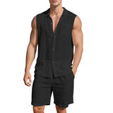 Wiaofellas  -  Men's Linen Sleeveless Shirt and Shorts Set Casual Two Piece Outfit