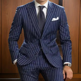 Wiaofellas  -  Striped Men Suits Formal Navy Blue Wedding Business Tuxedo Single Breasted Groom Outfits Pinstriped Suit (Blazer+Pants)