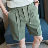 WIAOFELLAS  -  Men's Elastic Waist Suit Shorts Summer Solid Drawstring Business Casual Knee Length Pants Male Korean Fashion Short Trousers