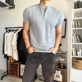 Wiaofellas  -  Black Short Sleeve Polo Shirt Henry Collar Fitness Sportswear Breathable Polyester Summer T-Shirt for Men Casual Wear