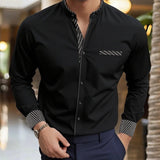 Wiaofellas  -  Men's Mandarin Collar Long Sleeve Shirt Slim Fit Casual Business Shirt With Striped Cuffs and Pocket Detail