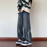 WIAOFELLAS  -  Chain Wide Leg Jeans Men Bleached Punk Style Hip Hop High Street Teenagers Mid Waist Fashion Leisure Washed Spring Autumn Retro