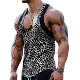 Wiaofellas  -  Sexy Deep Round Neck Tank Tops Men Vintage Leopard Printing Sleeveless Straps Vest For Mens Summer Sports Fitness Slim Camisoles