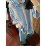 WIAOFELLAS  -  Shirts for Men Summer Americian Retro Style High-end Designed Niche Blue and White Contrast Knitted Hollow Short-sleeved Shirt