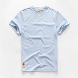 Wiaofellas  -  Retro Distressed Cotton round Neck Short Sleeve T-Shirt Loose Fit Basic Color Summer Youth Fashion Standard Tailoring Male Top