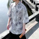 WIAOFELLAS  -  Bamboo Printing Men's Shirts Chinese Style Turn-down Collar Knot Button Short Sleeved Casual Male Tops Summer Tide