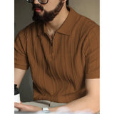 Wiaofellas  -  Summer Men's Knitted Polo Shirt Zipper Loose Short Sleeve Striped Vintage American Style Commute Casual Fashion T-Shirt