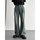 Wiaofellas  -  New American Retro Men Washed Denim Jeans Pleated Waist Loose Wide Leg Straight Trousers Casual Vintage Long Pants Daily Outfit
