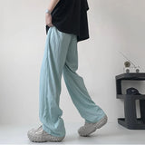 Wiaofellas  -  Vintage Solid Color Pleated Ice Silk Pants Men Summer New Casual Loose Drawstring Wide Leg Trousers Mens Streetwear Pants