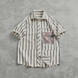 WIAOFELLAS  -  Vintage fashion striped short-sleeved shirt men's top Vintage loom cotton patchwork fabric summer cargo shirt