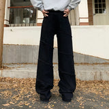 WIAOFELLAS  -  New trendy spliced loose straight leg black washed denim jeans