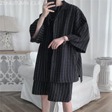 WIAOFELLAS  -  Summer Casual Short Sleeve Suit Men's Five-point Sleeve Shirt Trend Loose Shorts Men's Korean Fashion Stripe Two-piece Set