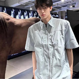 Wiaofellas - Summer Zipper Shoulder Pad Short-sleeved Shirt Men's Thin Loose Casual Workwear Three-quarter Sleeve Shirts Male Clothes