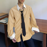 WIAOFELLAS  -  Men Shirt Striped Patchwork Lapel Long Sleeve Pockets Men Clothing Streetwear Loose Fashion Casual Tops Male Shirts