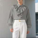 WIAOFELLAS  -  Men Shirt Solid Color Ruffle Lapel Long Sleeve Casual Men Clothing Loose Elegant Streetwear Fashion Male Shirts