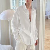 Wiaofellas  -  Men Shirt Patchwork See Through Lapel Long Sleeve Loose Men Clothing Streetwear Fashion Casual Male Shirts S-5XL