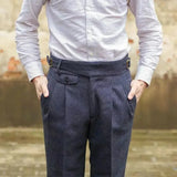 WIAOFELLAS  -  Autumn Winter Vintage Gurkha Pants Men England Style High Waist Casual Straight Leg Rolled Edge Trousers Woolen Naples Suit Pant