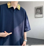 WIAOFELLAS  -  Fashion New Men's Spliced Plaid Fake Two Pieces Casual T-shirt Trendy Turn Down Collar Short Sleeve Tops Male Summer