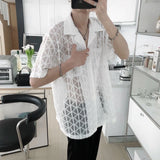 WIAOFELLAS  -  Summer New Men's Solid Color Hollow Short-Sleeved Shirt Sexy Retro Fashion Trend Leisure Loose Breathable Niche Men's Tops