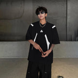 WIAOFELLAS  -  Fashion Men's Spliced Metal Contrast Color Shoulder Pads T-shirts Trendy Short Sleeves O-neck Tops Male 2025 Summer