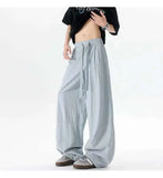 WIAOFELLAS  -  New Summer Men's Casual Pants Solid Color Drawstring Straight Trousers Elastic Waist Wide Leg Baggy Male Bottom