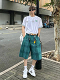Wiaofellas  -  Blue Plaid Men's Summer Trendy American Retro Five-Point Loose BF Lazy Sle Sports Pants Straight Leg mid Waist Elastic