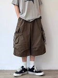 Wiaofellas  -  Summer Japanese Vintage Multi Pocket Cargo Capri Pants For Men Women Maillard Loose Casual Straight Wide Leg Shorts