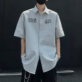 WIAOFELLAS  -  Niche Design Men's Shirts Tie Letter Printing Contrast Color Striped Short Sleeved Single Breasted Loose Male Tops