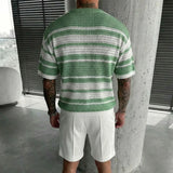 Wiaofellas  -  Summer Casual Knit T Shirt Mens Fashionable Striped Loose Crew Collar Pullover Vintage Short Sleeve Hollow Out Knitted T-shirts