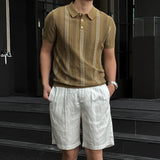 Wiaofellas  -  Stylish Slim Short Sleeve Knit Polo Shirt Men Summer Casual Breathable Hollow Out Polo Shirts Vintage Striped Crochet Polo Tops